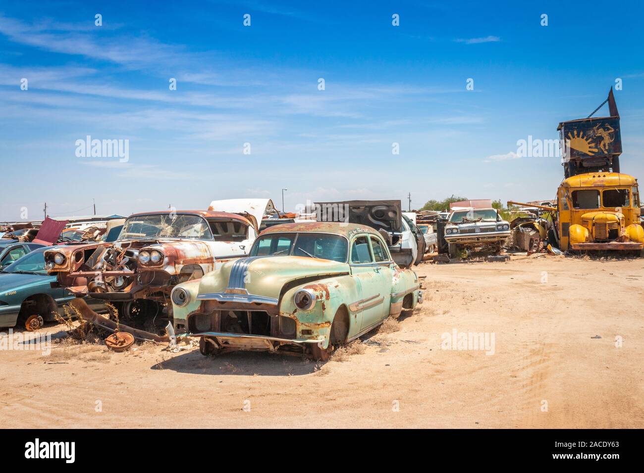 abandoned rusty cars and trucks with a Pontiac Chieftain in a junk yard
