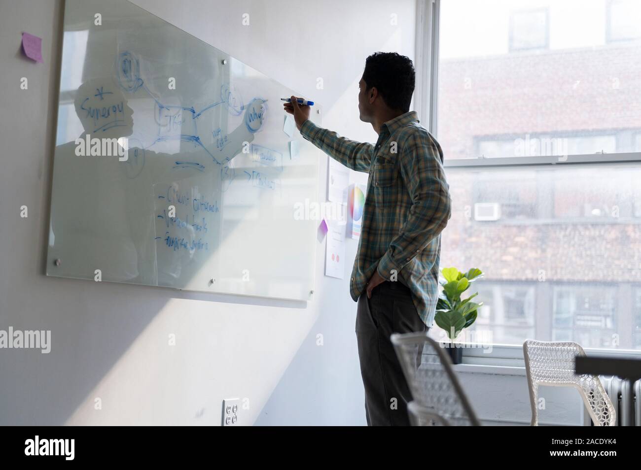 Businessman brainstorming on whiteboard Stock Photo