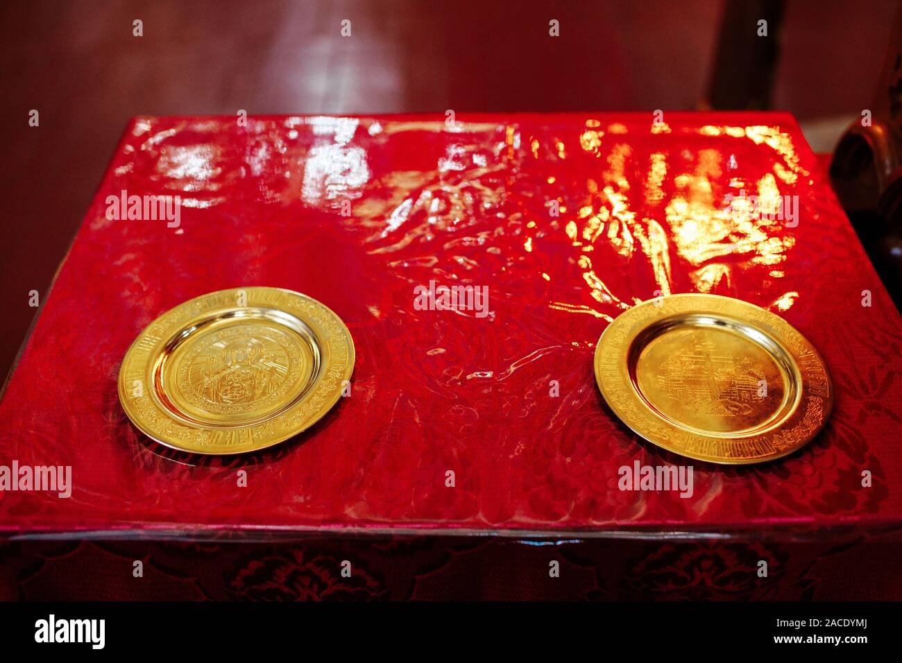 orthodox church details for the wedding. gold plates Stock Photo - Alamy