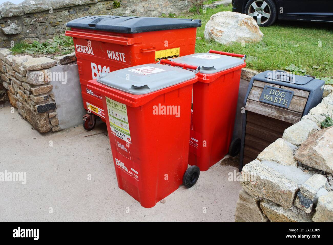 A collection of waste bins in a car park - John Gollop Stock Photo