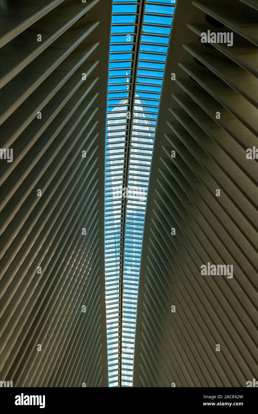 Interior of World Trade Center rapid transit station known also as Oculus designed by architect Santiago Calatrava, Manhattan, New York, USA Stock Photo