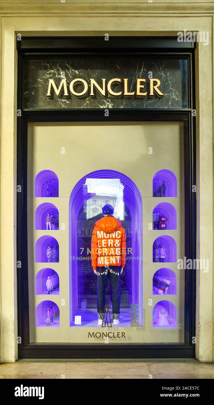 Shop window of the Moncler store, famous luxury fashion brand, in Via degli Strozzi street in the historic centre of Florence, Tuscany, Italy Stock Photo