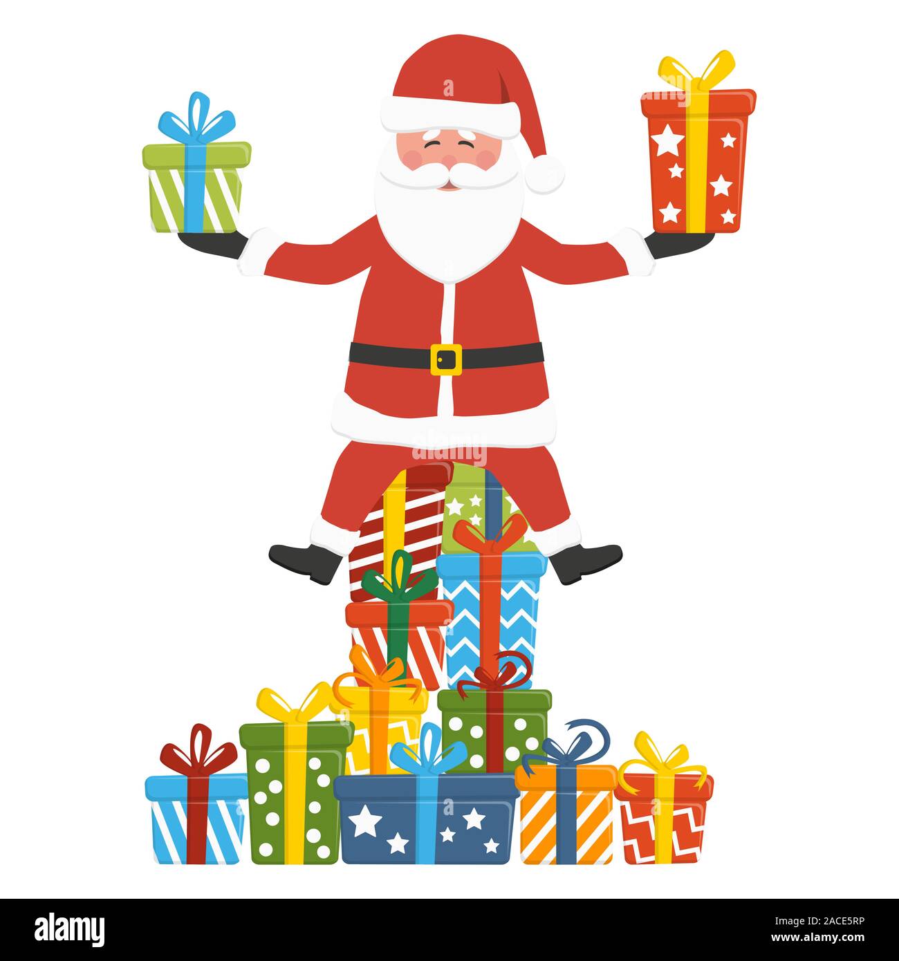 christmas concept with Santa Claus sitting on and holding some colored gifts, isolated on white background for christmas time greetings Stock Vector