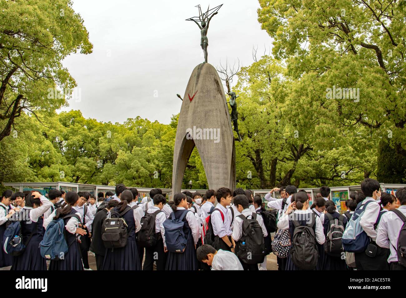 Children gathered at the Children's Peace Monument, Peace Memorial Park, Hiroshima, Japan Stock Photo