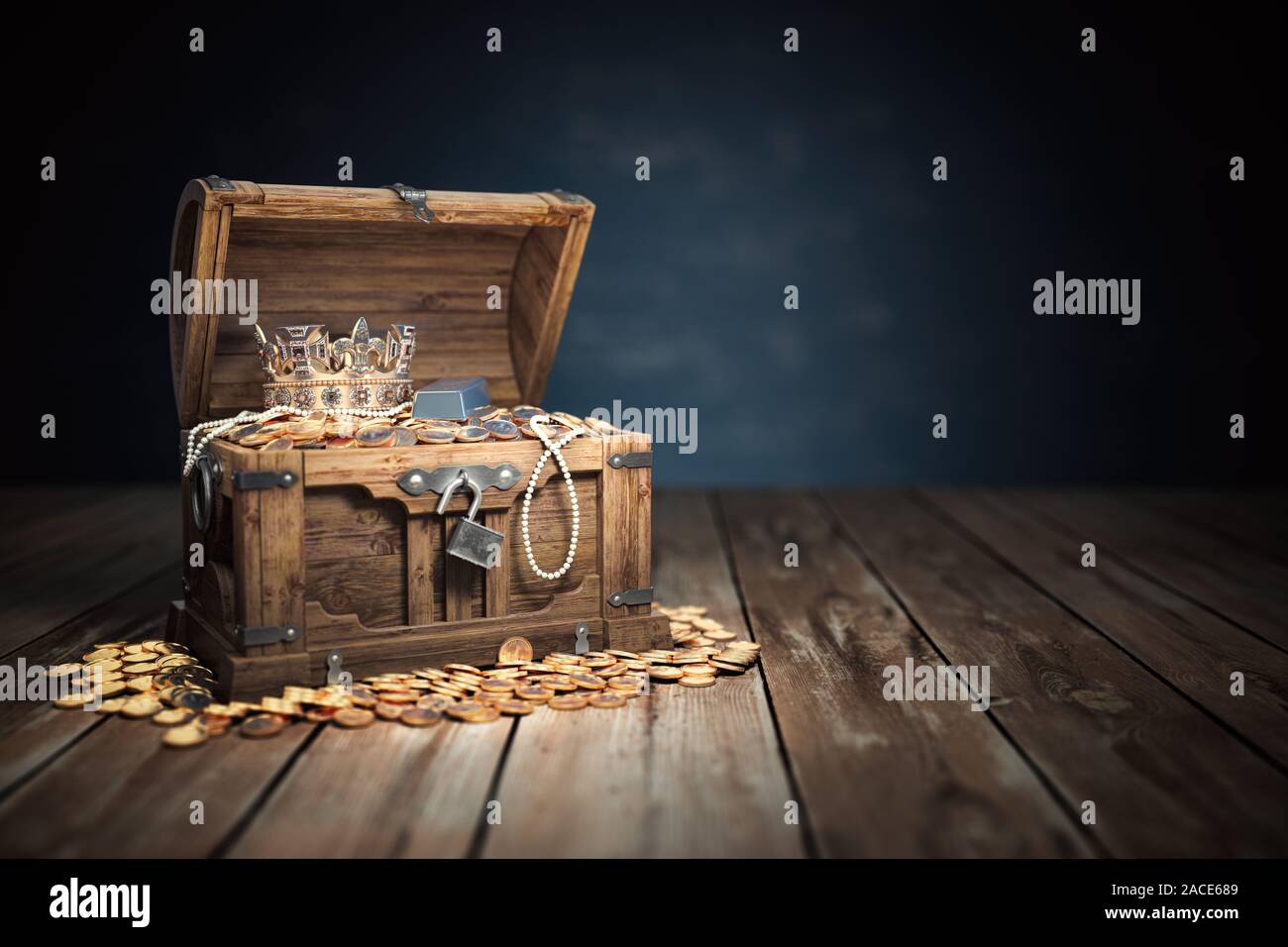 Open treasure chest filled with golden coins, gold  and jewelry. 3d illustration Stock Photo