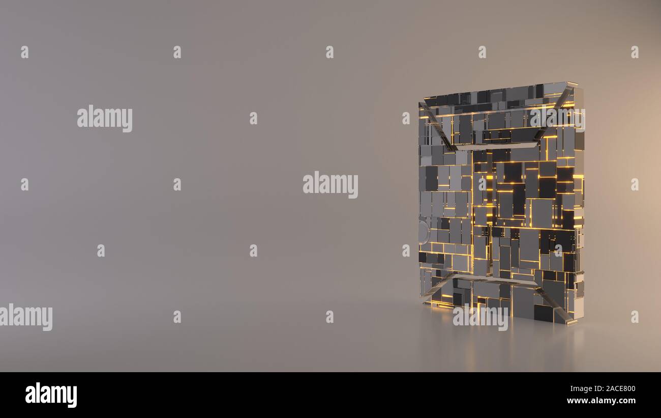 3d rendering metal techno rectangular geometric greeble symbol of ...