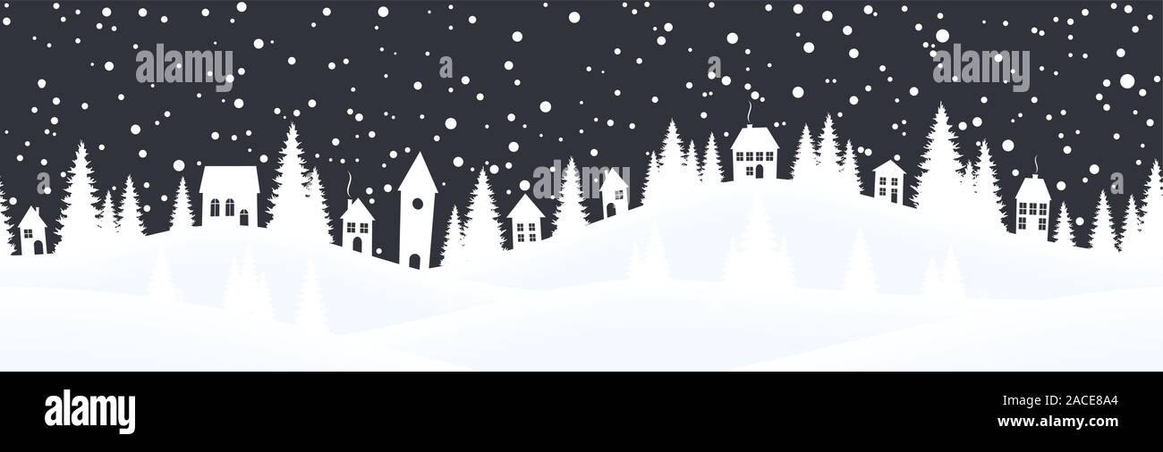 EPS 10 vector file showing christmas time nature seamless landscape background with snow fields, little village, santa on sled, fall of snow and color Stock Vector