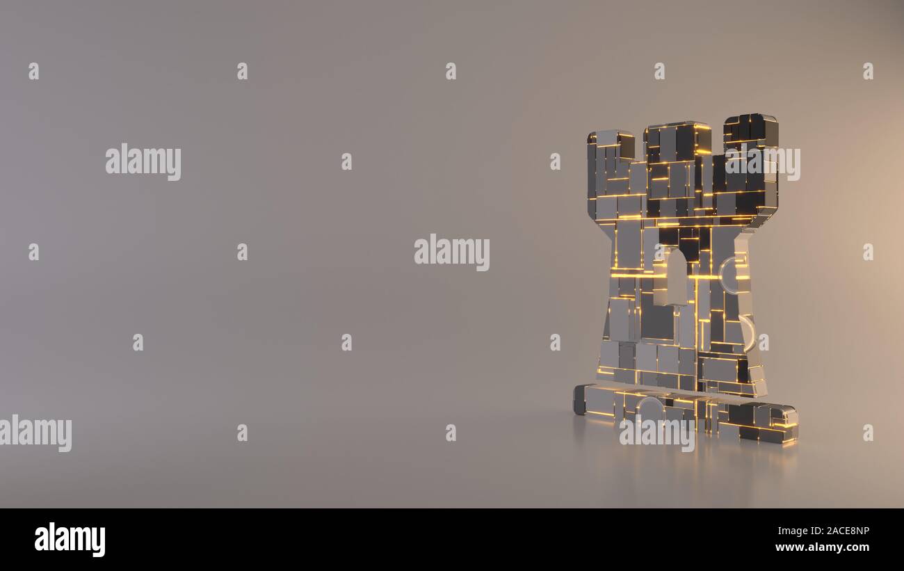 3d rendering metal techno rectangular geometric greeble symbol of chess ...