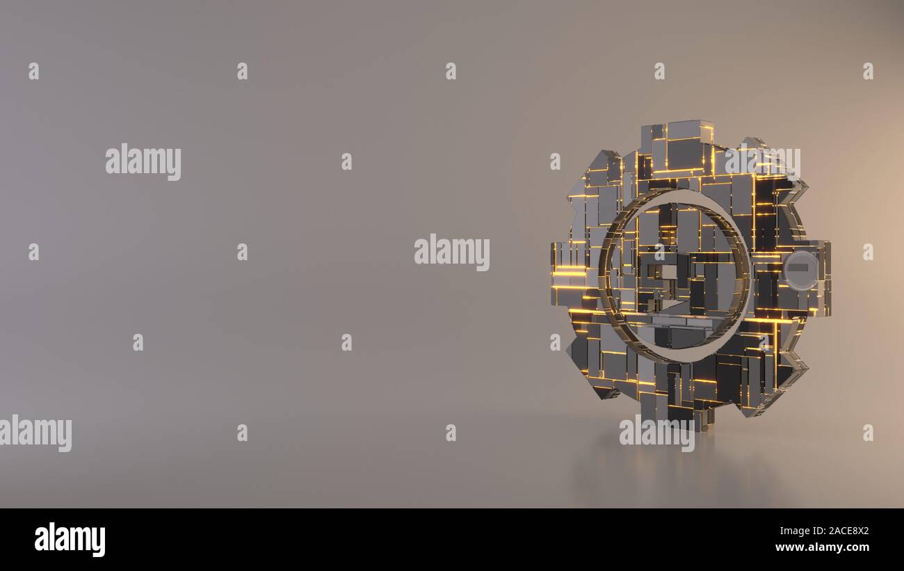 3d rendering metal techno rectangular geometric greeble symbol of gear ...