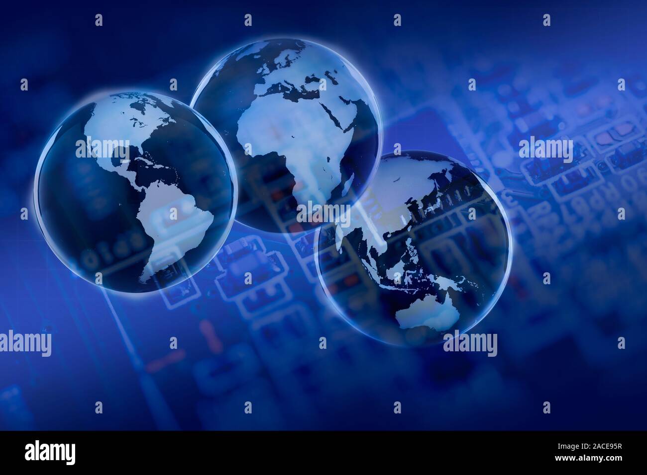 Digital composite of three globes over circuit board Stock Photo