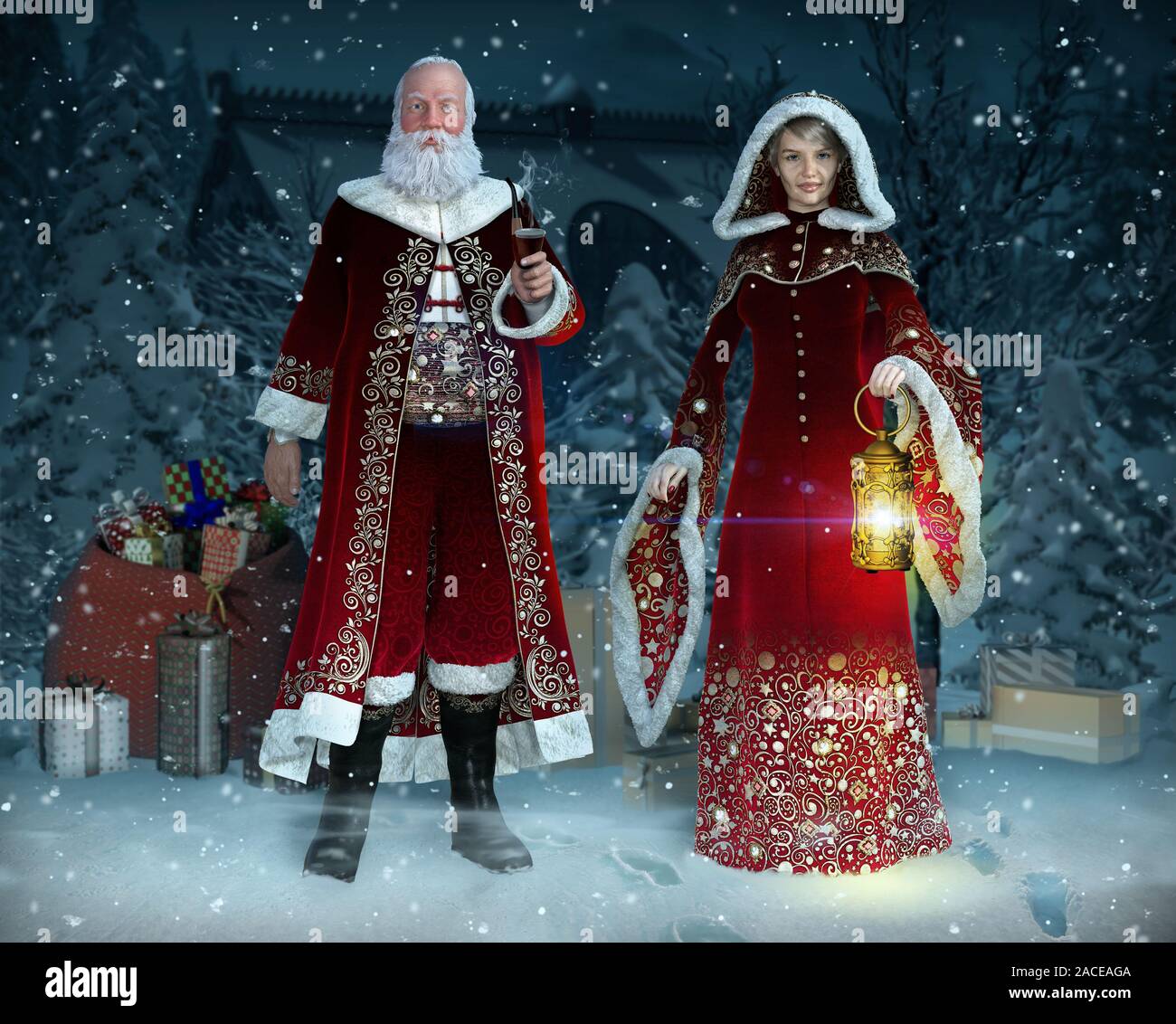Enchanting Mr and Mrs Santa Claus at Christmas Night in their traditional costumes preparing gifts for the children of the world, 3d render Stock Photo