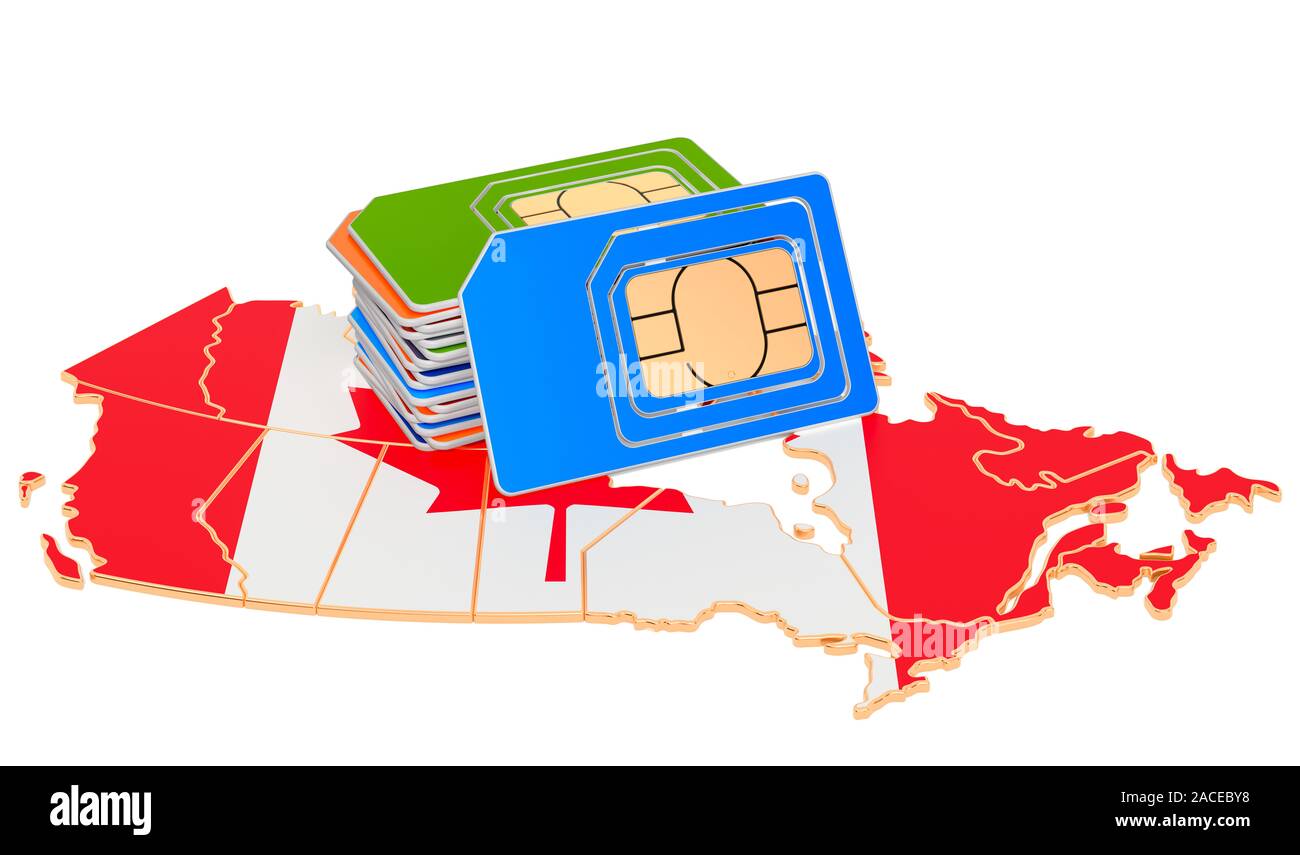 Sim cards on the Canadian map. Mobile communications, roaming in Canada, concept. 3D rendering