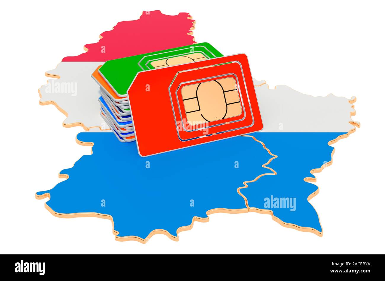 Sim cards on the Luxembourgish map. Mobile communications, roaming in Luxembourg, concept. 3D rendering isolated on white background Stock Photo