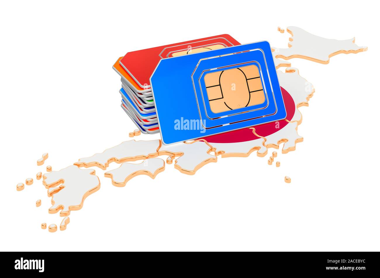 Sim cards on the Japanese map. Mobile communications, roaming in Japan, concept. 3D rendering isolated on white background Stock Photo
