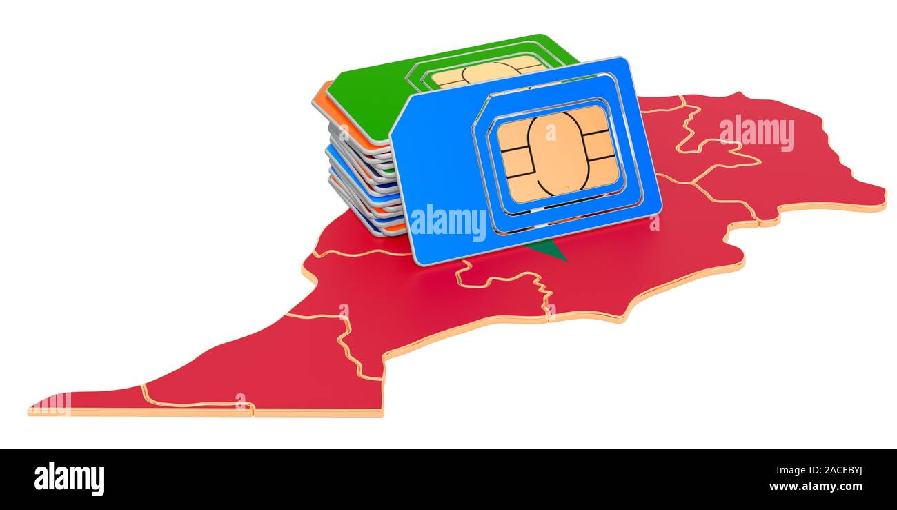Sim cards on the Moroccan map. Mobile communications, roaming in Morocco, concept. 3D rendering