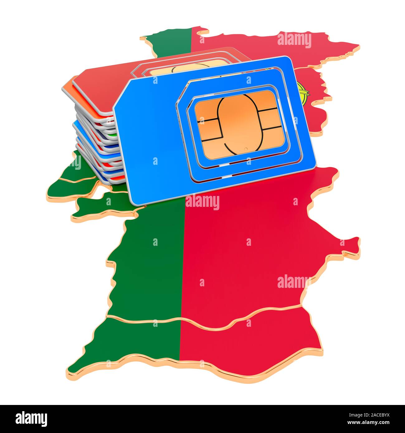 Sim cards on the Portuguese map. Mobile communications, roaming in Portugal, concept. 3D rendering isolated on white background Stock Photo