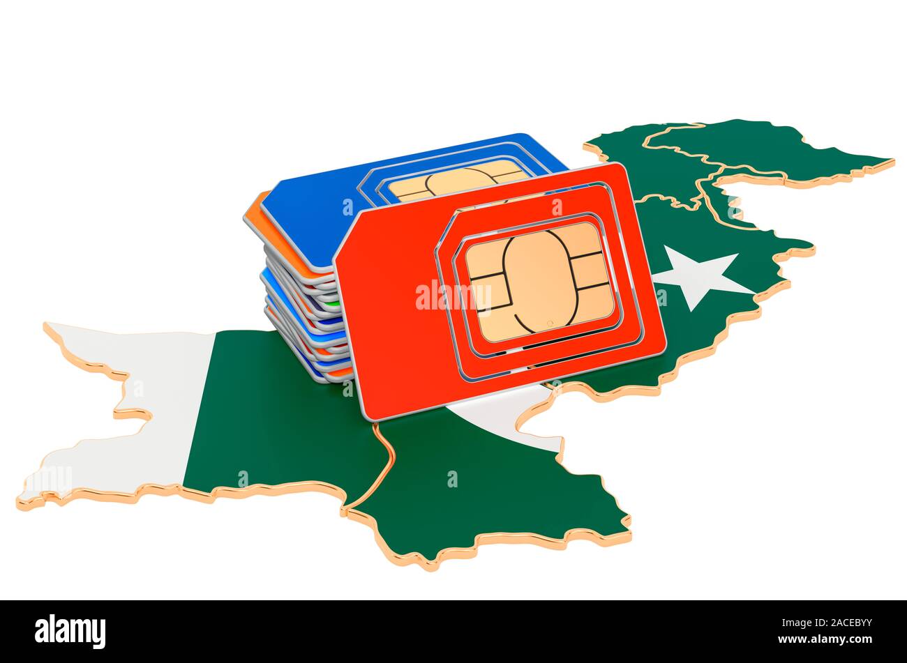 Sim cards on the Pakistani map. Mobile communications, roaming in Pakistan, concept. 3D rendering isolated on white background Stock Photo