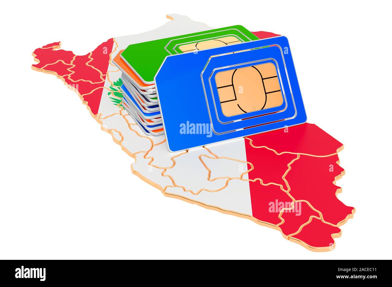 Sim cards on the Peruvian map. Mobile communications, roaming in Peru, concept. 3D rendering