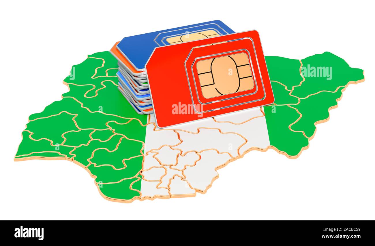 Sim cards on the Nigerian map. Mobile communications, roaming in Nigeria, concept. 3D rendering isolated on white background Stock Photo