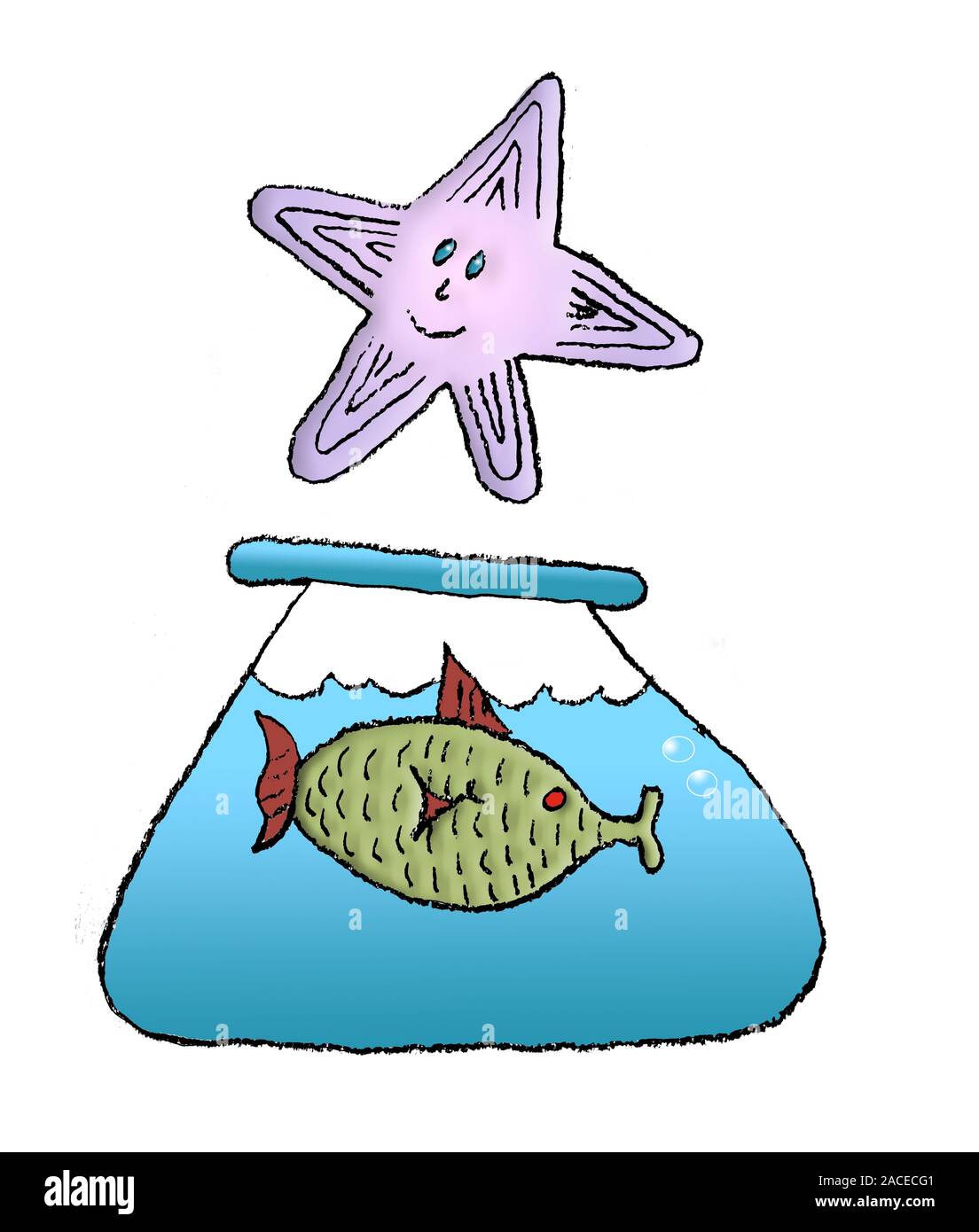 A green fish in a bowl of blue water is seen with a purple starfish hovering above in this childish cartoon illustration isoated on a white background Stock Photo