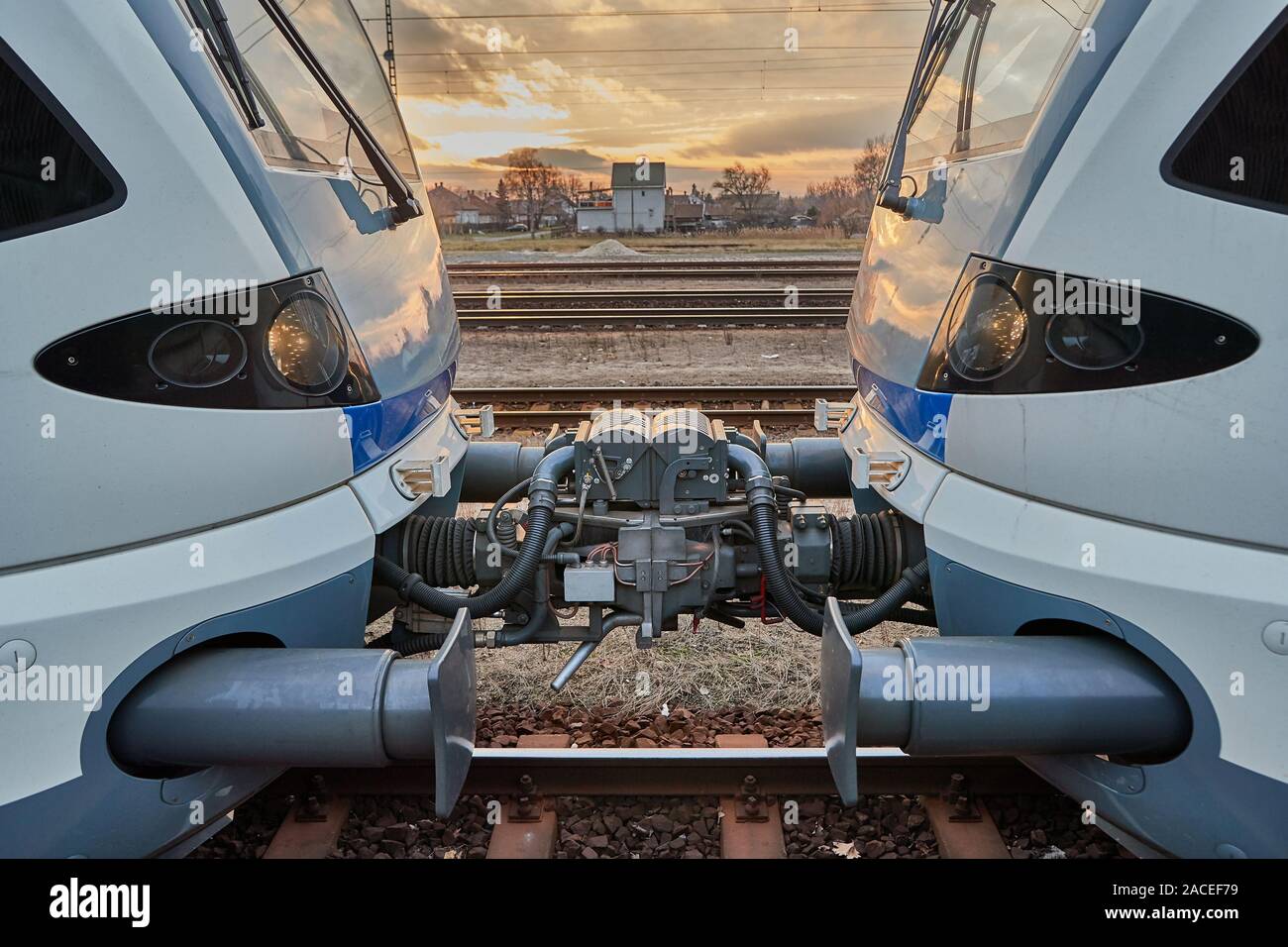 Train carriages connected at a station Stock Photo