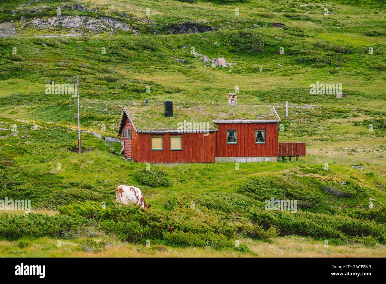 hut wooden mountain huts in mountain pass Norway. Norwegian landscape