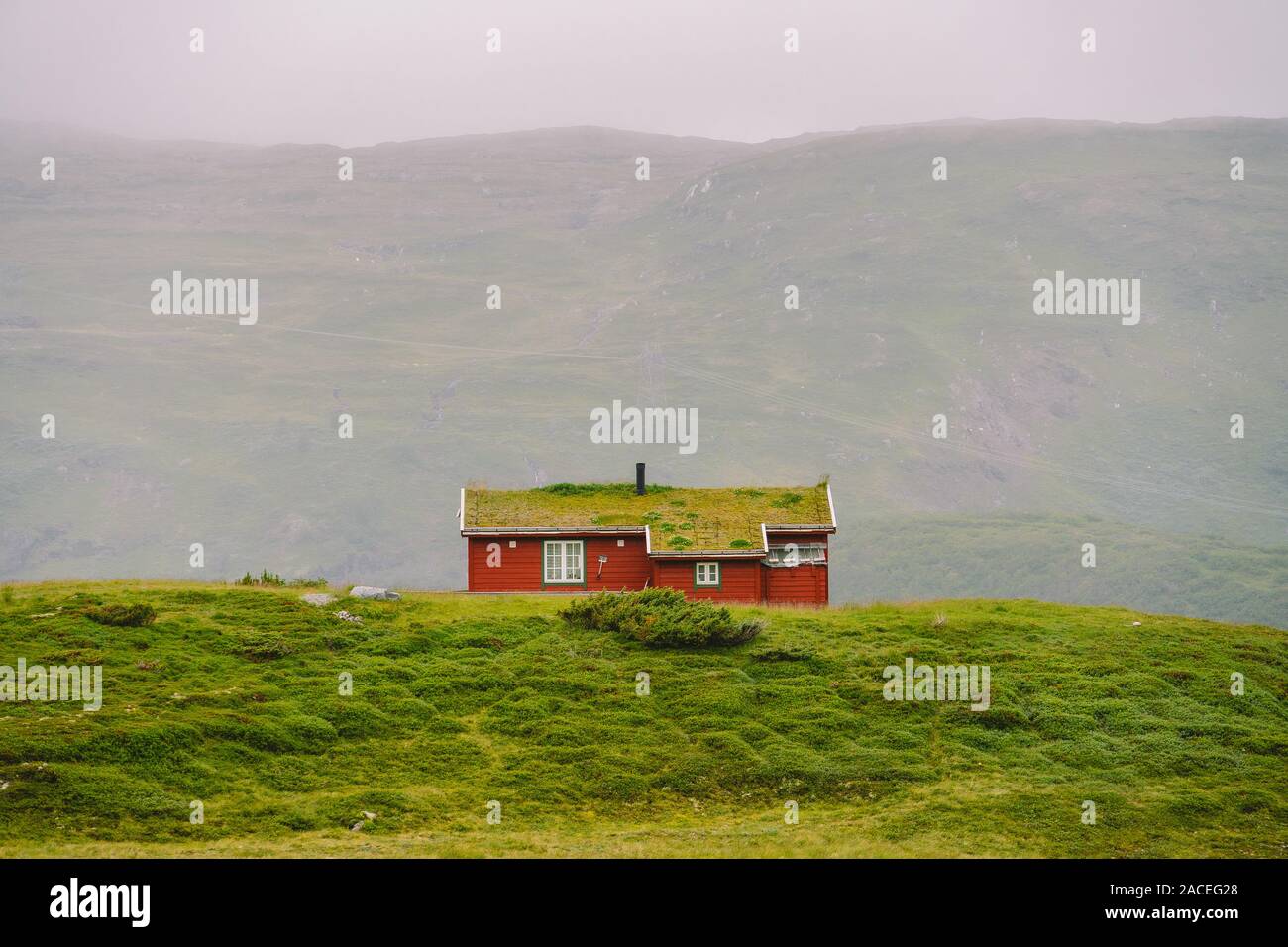 hut wooden mountain huts in mountain pass Norway. Norwegian landscape