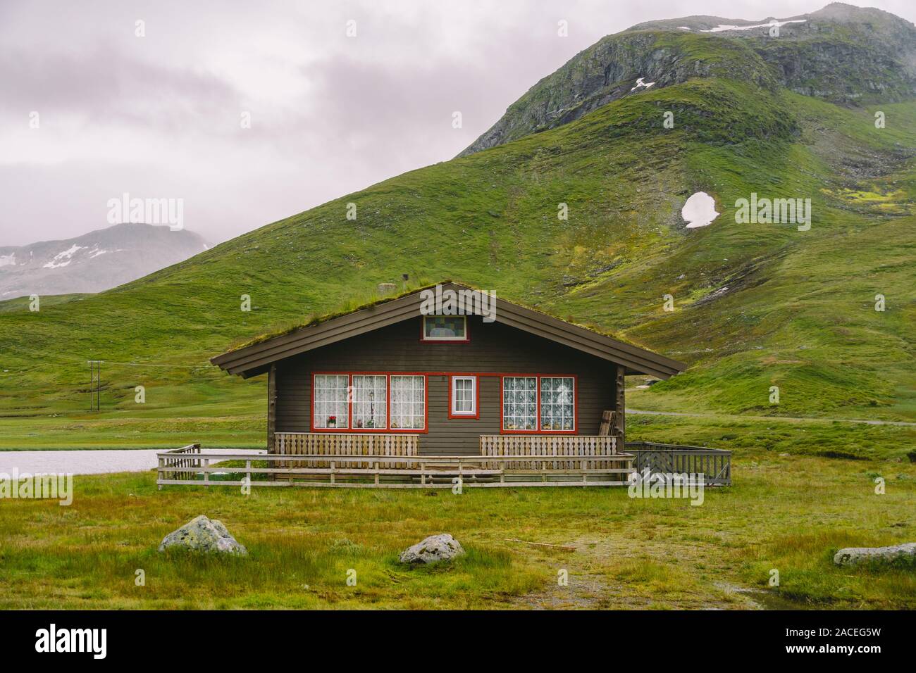 hut wooden mountain huts in mountain pass Norway. Norwegian landscape