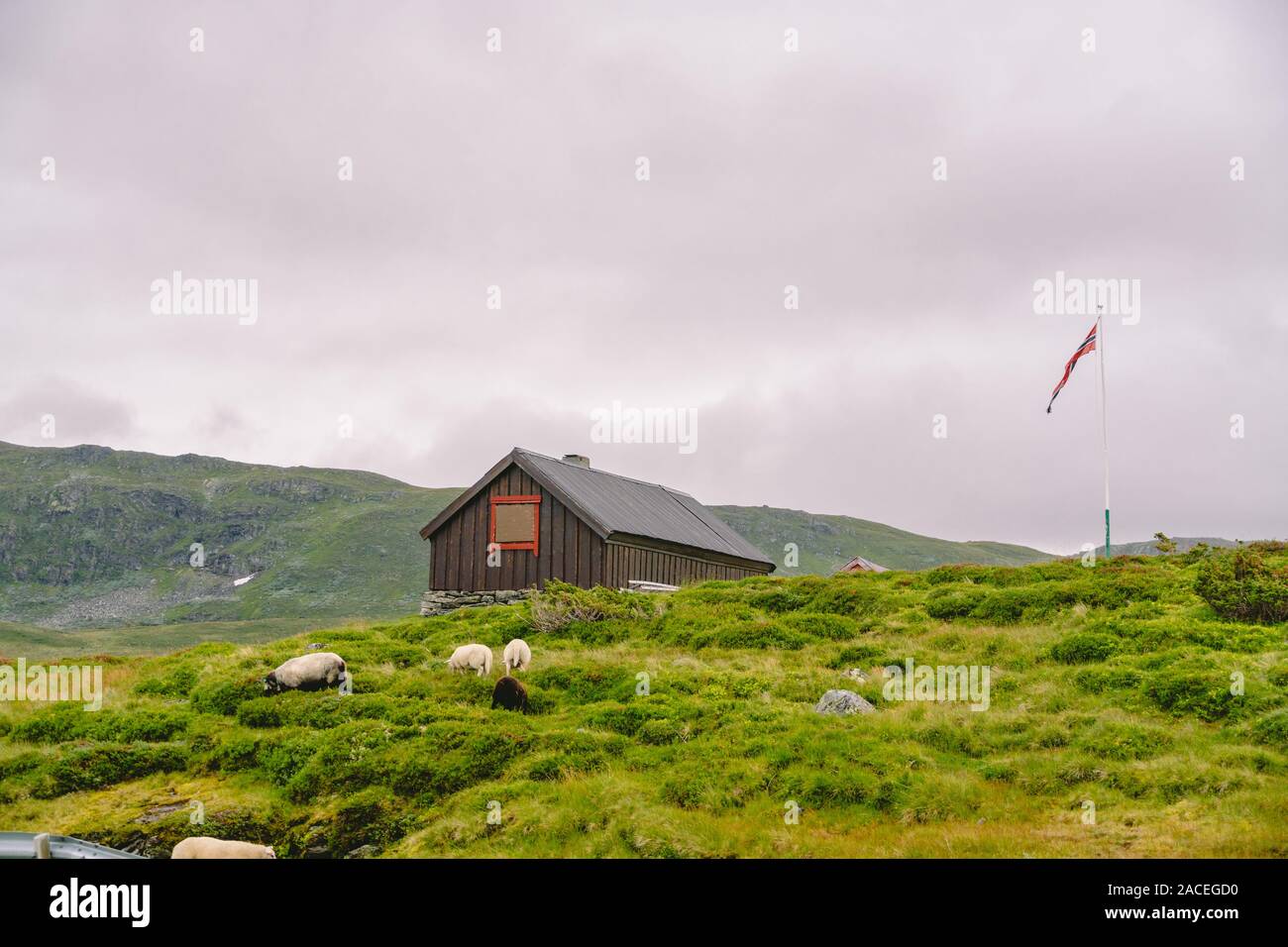 hut wooden mountain huts in mountain pass Norway. Norwegian landscape
