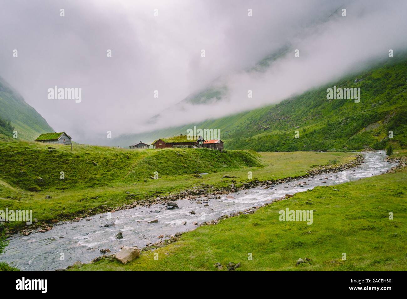 hut wooden mountain huts in mountain pass Norway. Norwegian landscape