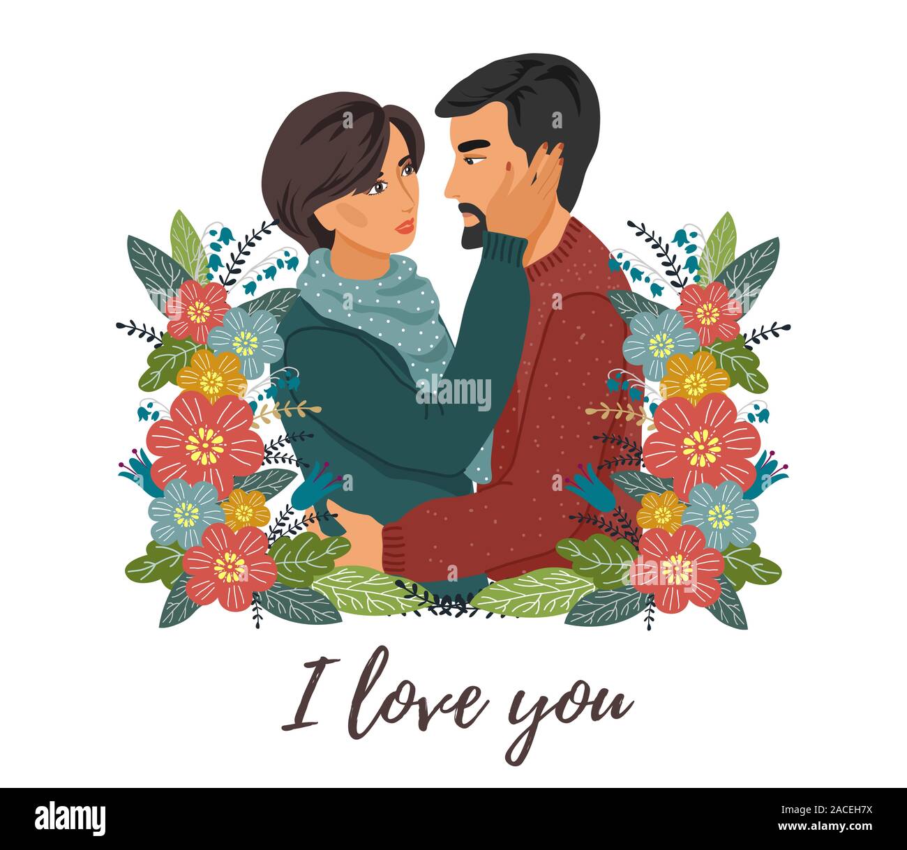 Isolated couple in love and flowers on a white background. A woman hugs a man. Cute flat valentines day vector Stock Vector