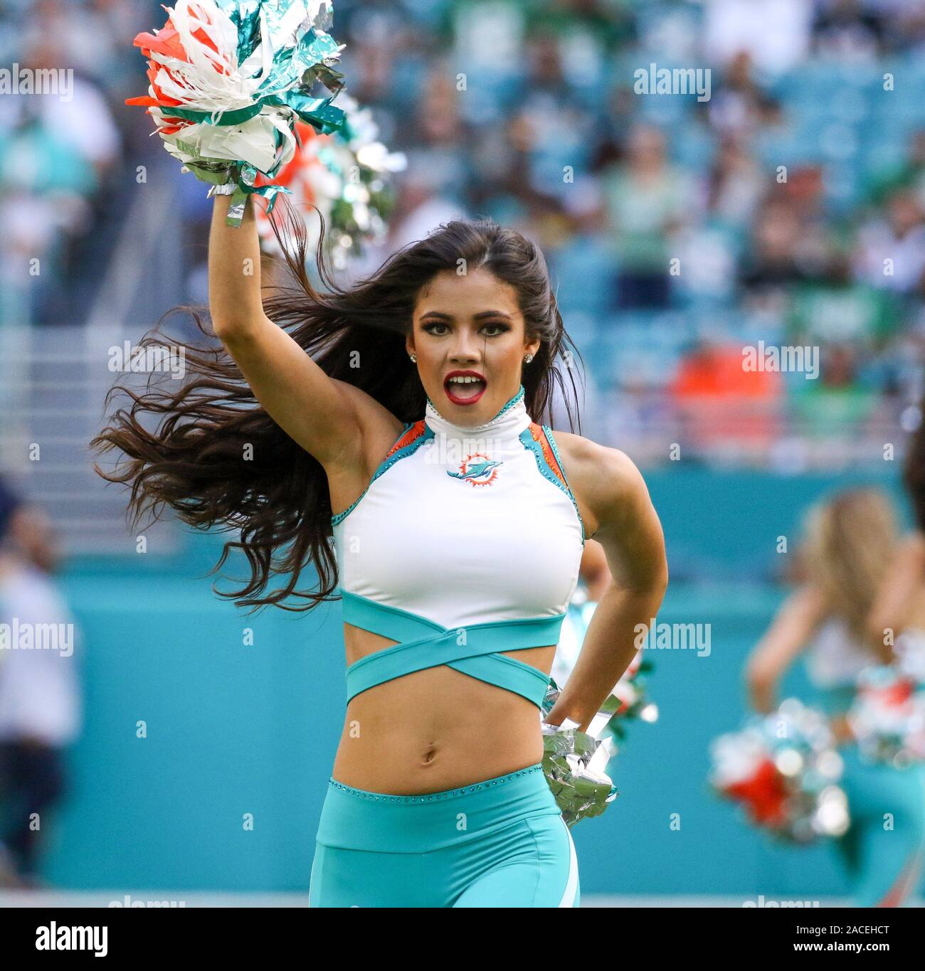 December 1, 2019, Miami Gardens, Florida, USA: A Miami Dolphins cheerleader performs during an NFL football game between the Miami Dolphins and the Philadelphia Eagles at the Hard Rock Stadium in Miami Gardens, Florida. The Dolphins won 37-31. (Credit Image: © Mario Houben/ZUMA Wire) Stock Photo