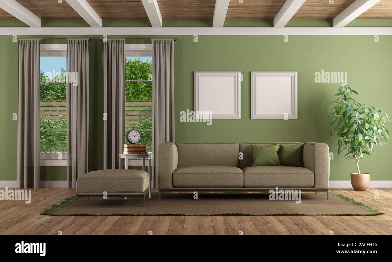 Green living room with modern sofa , footstool and two windows - 3d rendering Stock Photo
