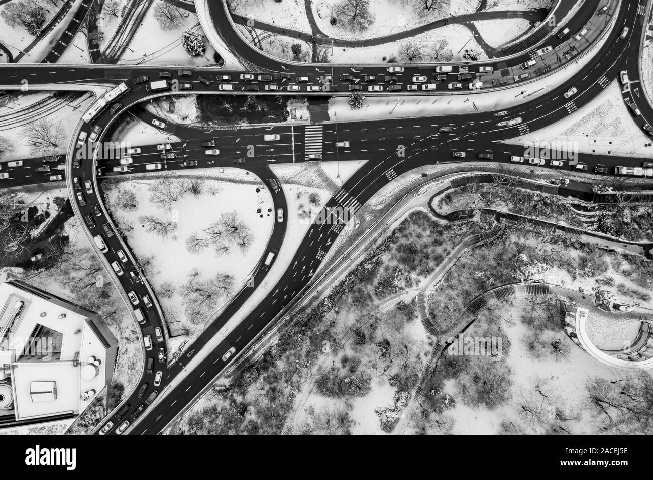 Roads from abowe in winter time. Black & white contrast. Stock Photo