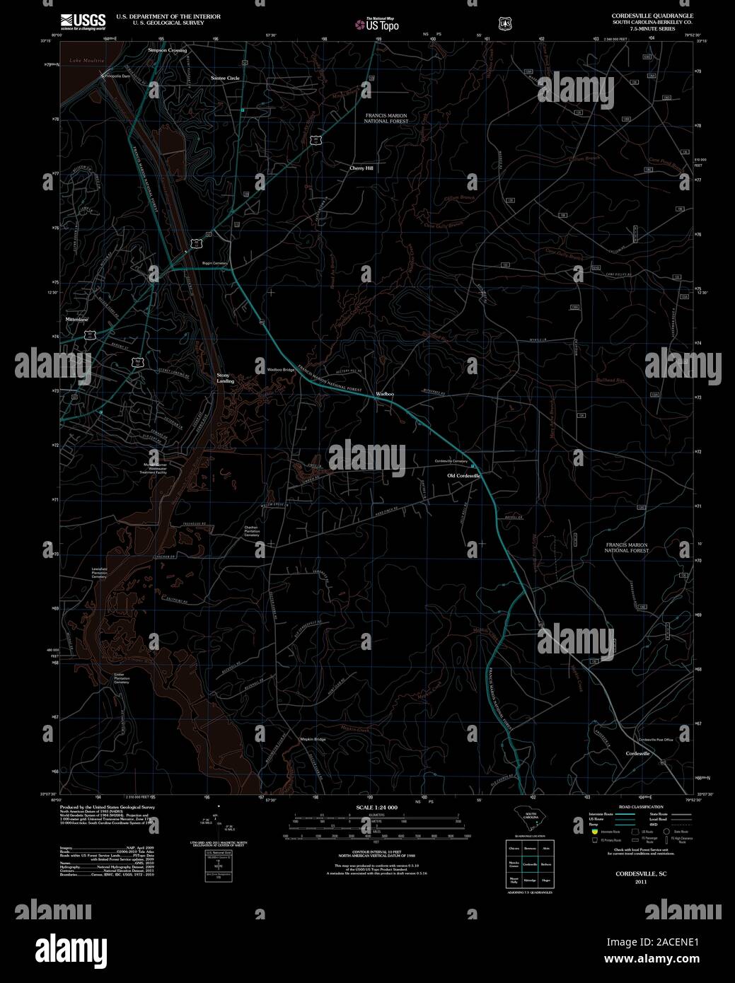 USGS TOPO Map South Carolina SC Cordesville 20110811 TM Inverted