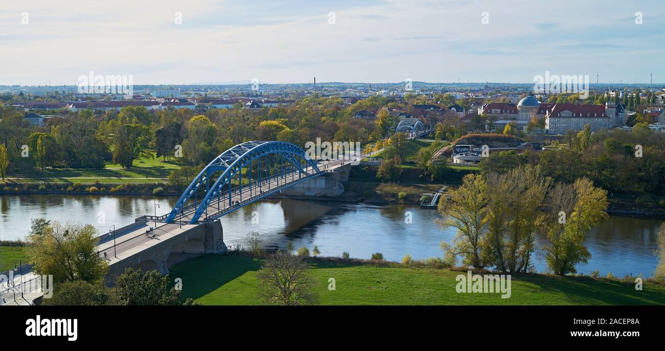 Aerial view of the Star Bridge over the Elbe River at the Elbe Cycle Route near Magdeburg Stock Photo