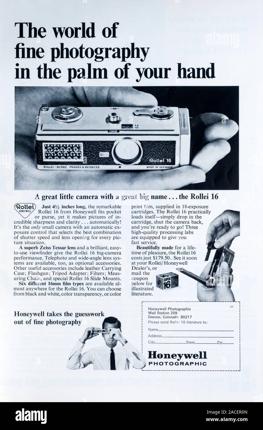 1966 magazine advert for Rollei 16 16mm film camera, from Honeywell Photographic. Stock Photo