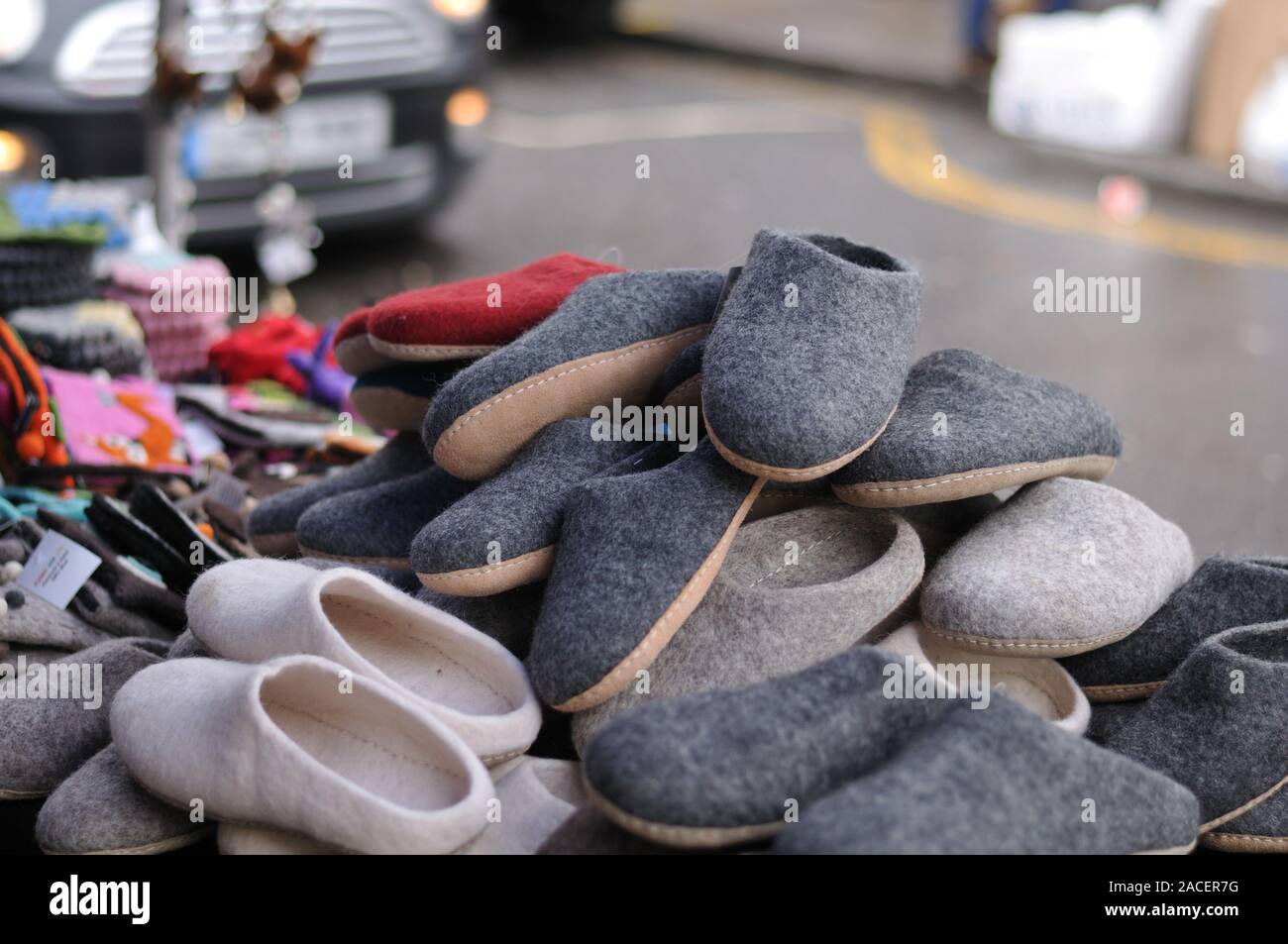 market stall with comfortable warm woolen felt slippers on portobello