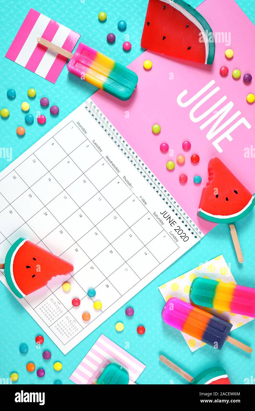 On-trend 2020 calendar page for the month of June modern flat lay with ...