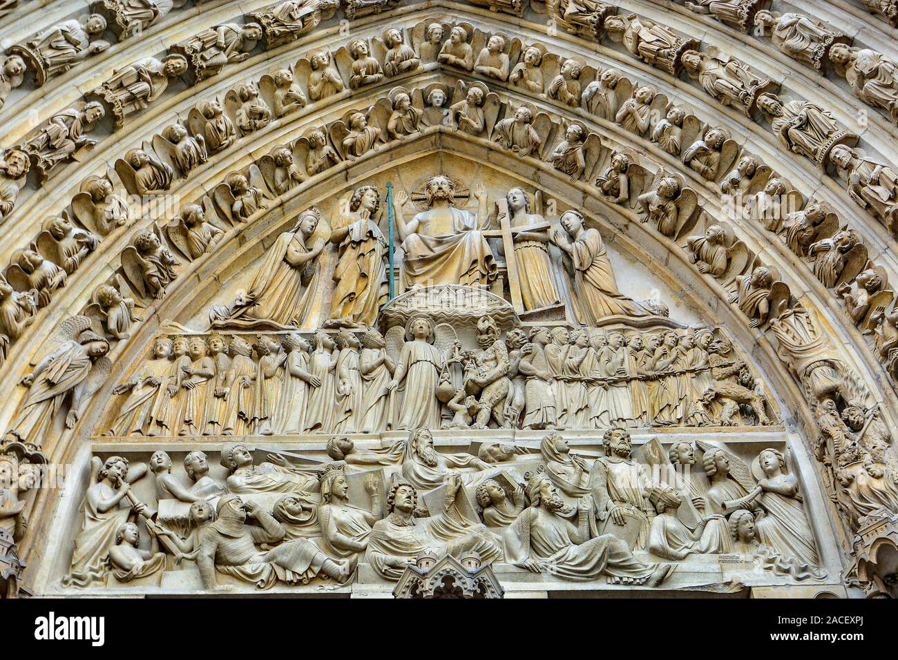 Notre Dame stonework over front door Stock Photo