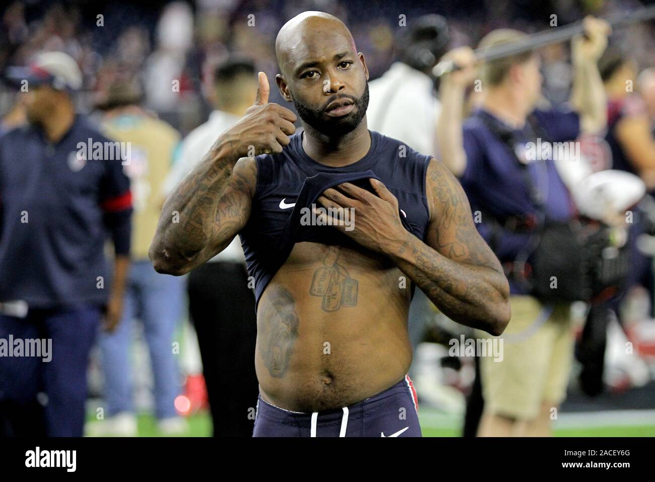 Houston, Texas, USA. 1st Dec, 2019. Houston Texans cornerback Johnathan Joseph (24) leaves the field following Houston's 28-22 win over the New England Patriots at NRG Stadium in Houston, TX on December 1, 2019. Credit: Erik Williams/ZUMA Wire/Alamy Live News Stock Photo