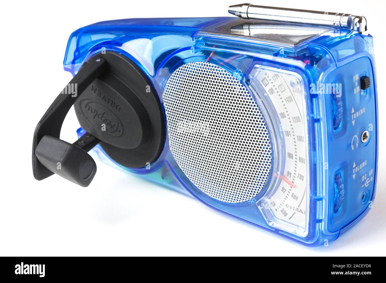 Windup radio. This radio uses both a clockwork windup mechanism and a