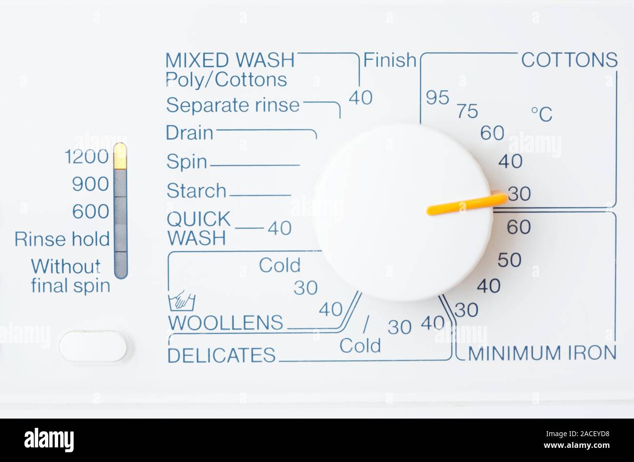 Domestic washing machine dial, showing different wash settings and
