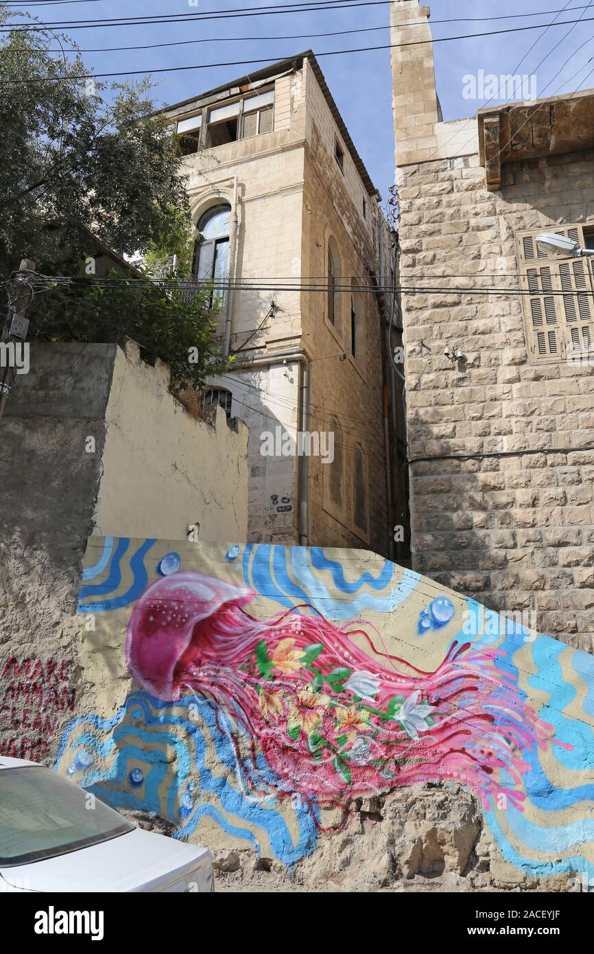 Jellyfish mural on Khirfan Street, Rainbow Street area, Jabal Amman, Amman, Jordan, Middle East Stock Photo