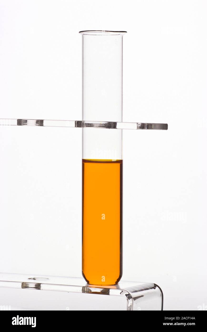 Potassium (VI) dichromate (K2Cr2O7) solution in a test tube. The orange colour comes from the