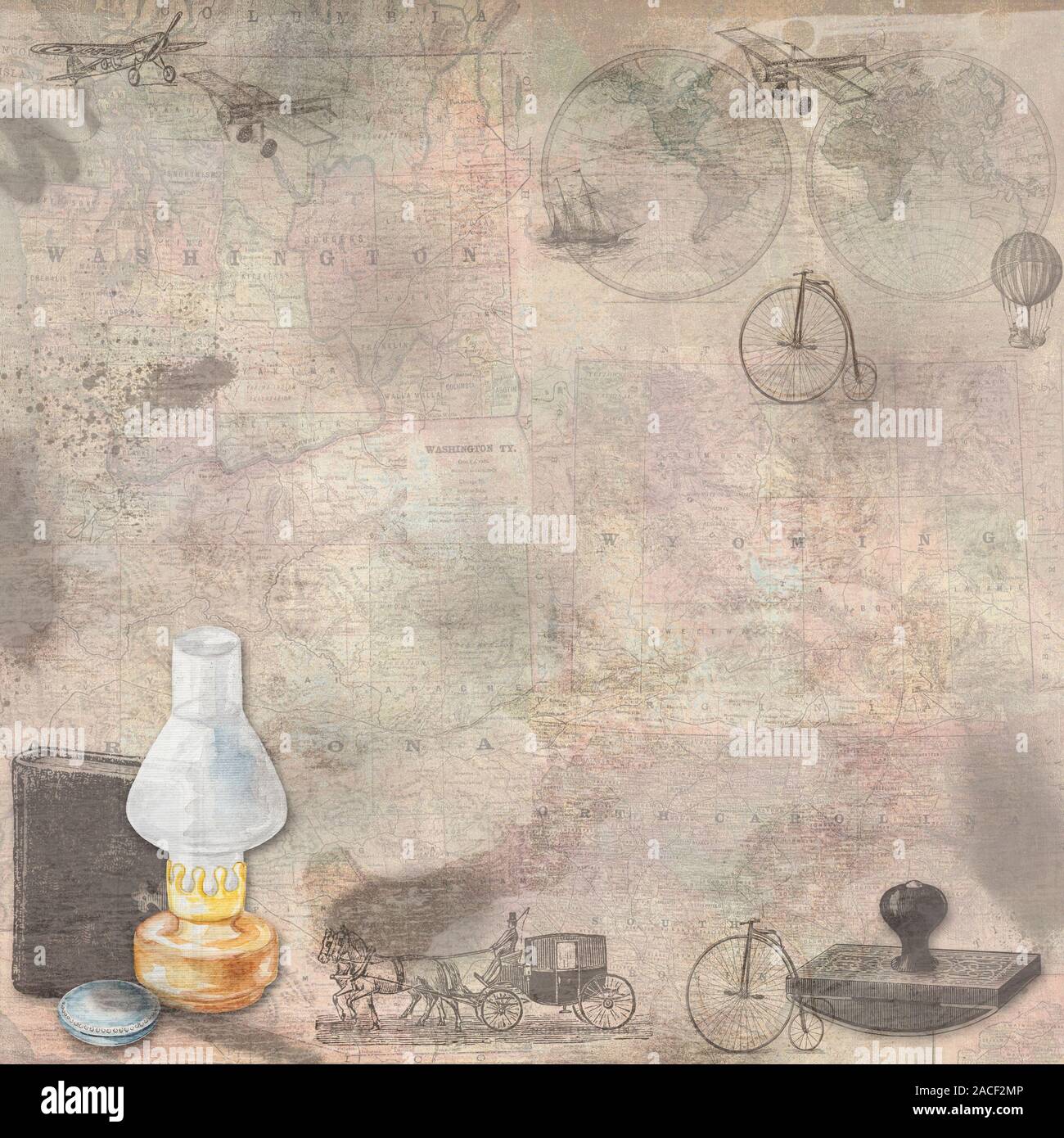 Vintage map objects digital paper in a 12x12 with retro objects, a book, blotter, lantern, paper weight in an ephemera style graphic. Stock Photo