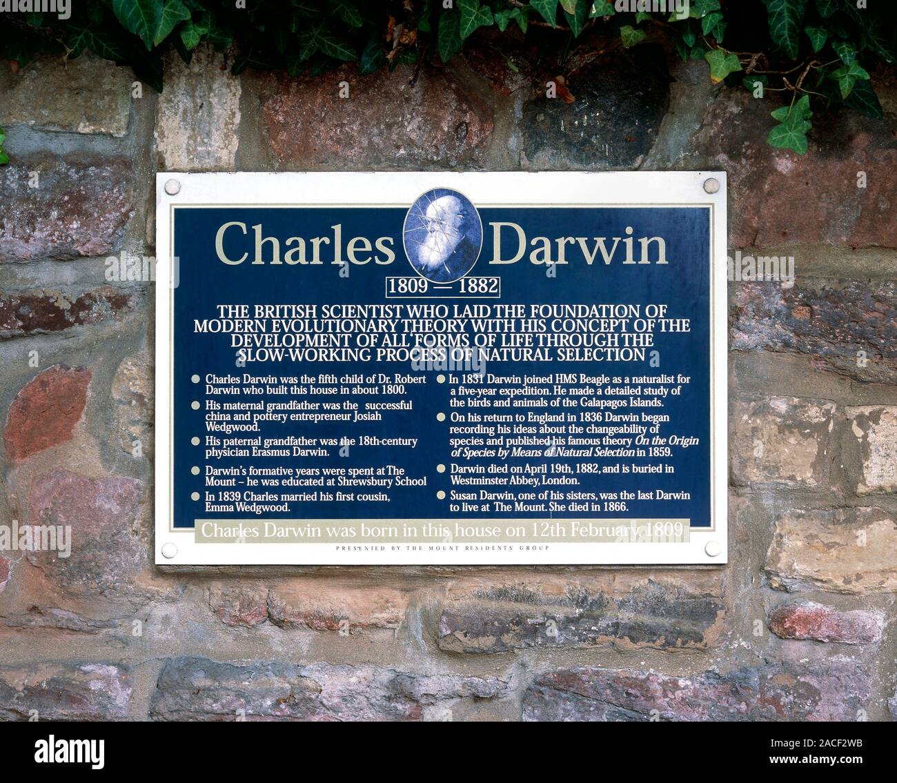 Charles Darwin. Plaque commemorating the British naturalist Charles ...