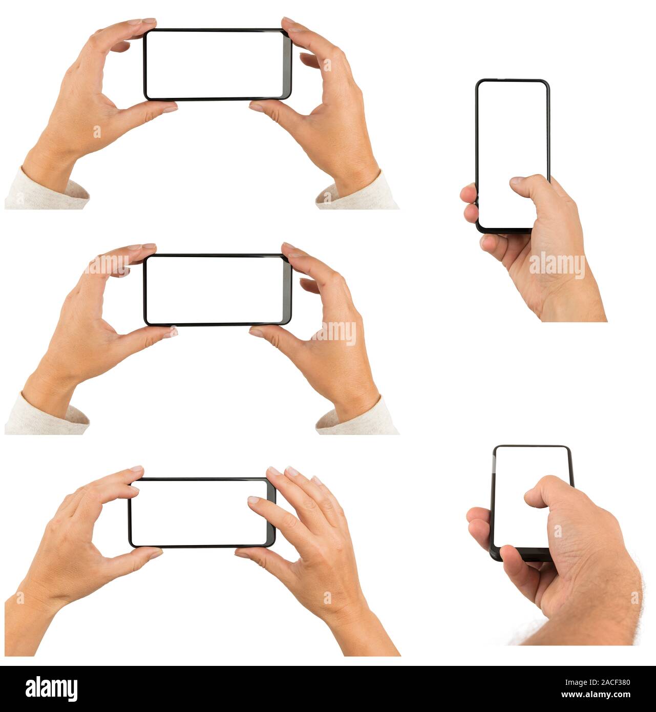 Set of male and female hands with modern smartphone isolated on white ...
