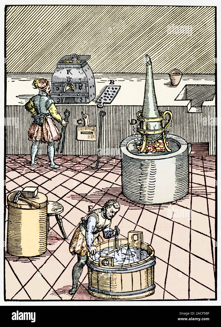 Silver assay. Historical engraving of an assayer and his assistant