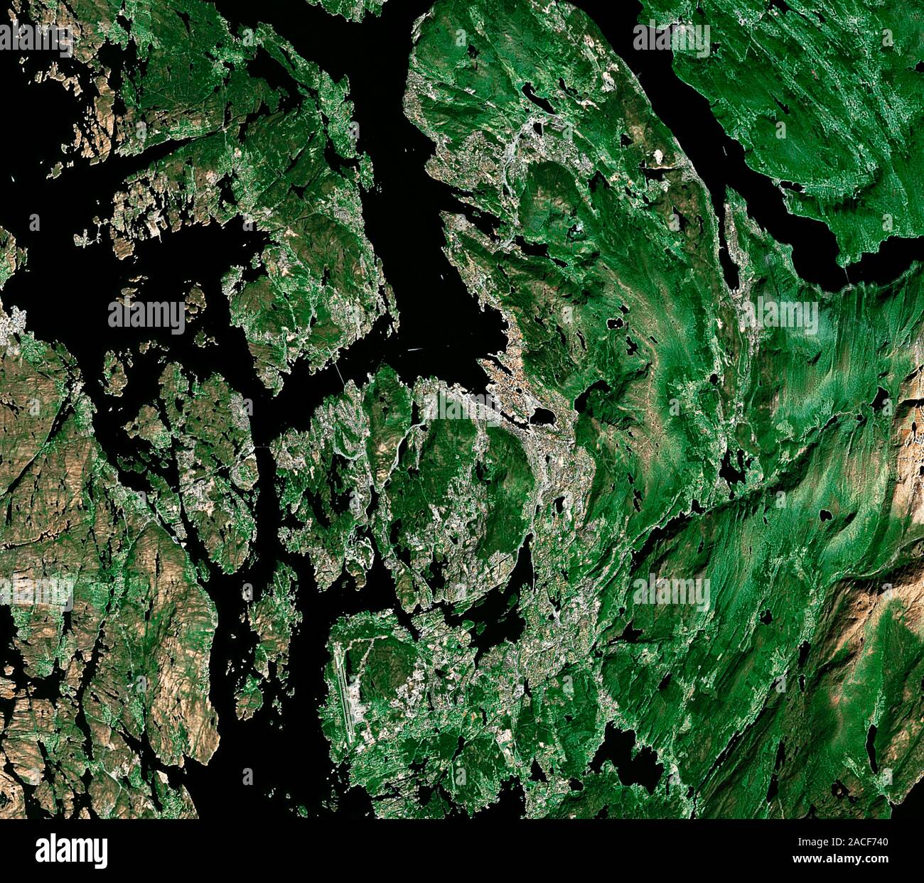 Bergen. Satellite image of the city of Bergen and its surrounding ...